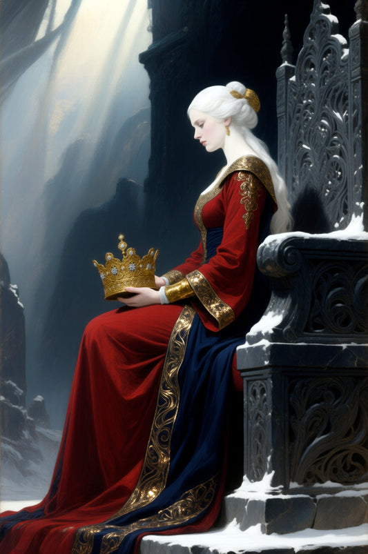A woman in regal attire holding a crown, sitting on a stone bench in a dimly lit setting.