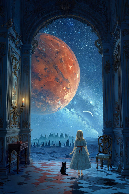 A room opens to a starry night sky, with Mars glowing red above. A blonde-haired girl in a white dress gazes at the planet from a checkered floor.