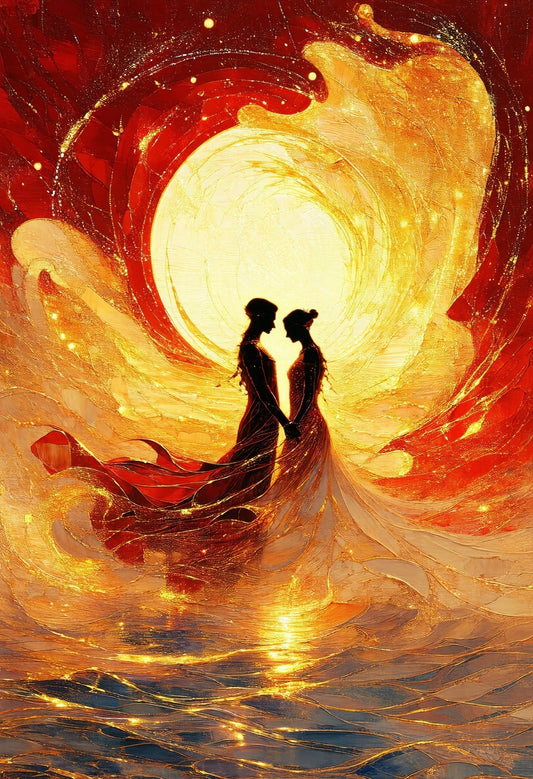 Two figures merge into a luminous form, their intertwined limbs and flowing crimson and gold drapery symbolizing transformation and passion.