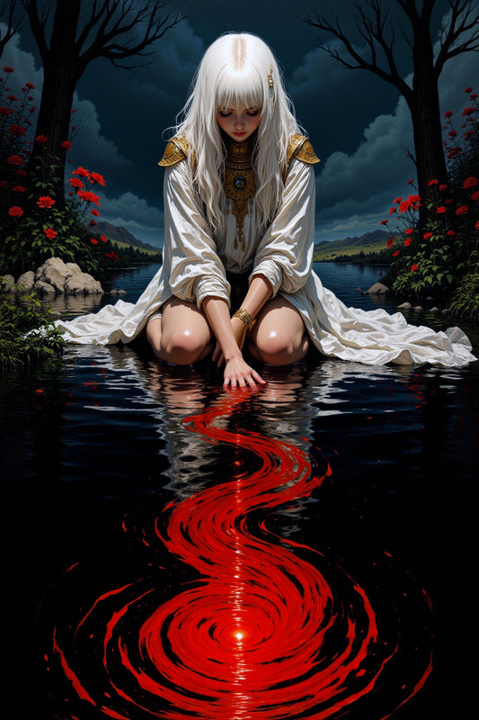 A woman in white robes kneeling by a body of water with red liquid, surrounded by trees and flowers.