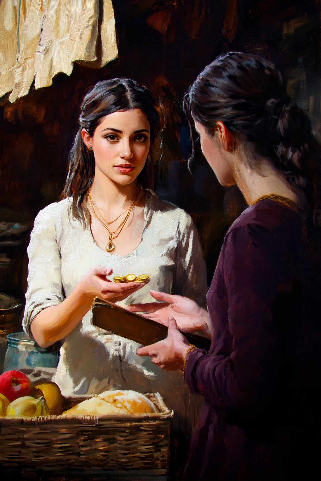 A woman stands behind a market stall, holding a ledger and gesturing. She negotiates with a customer who hands her gold coins.