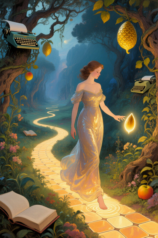 A woman in a yellow dress holding a glowing fruit in a magical forest with typewriters and books.