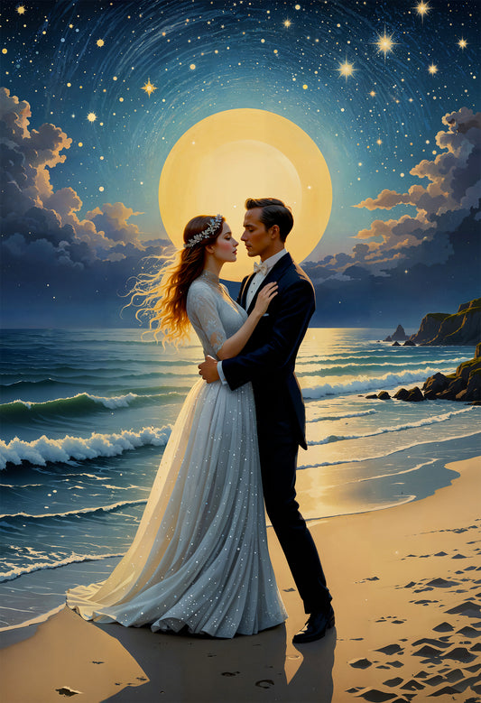 A romantic scene of a couple in wedding attire dancing on the sand near the ocean. The moon and stars illuminate the dark sky and reflect on the water.