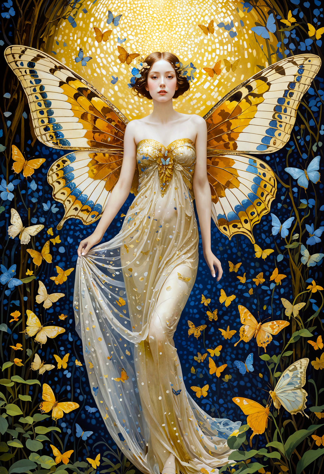 A fantasy painting of a woman with butterfly wings in a white dress.