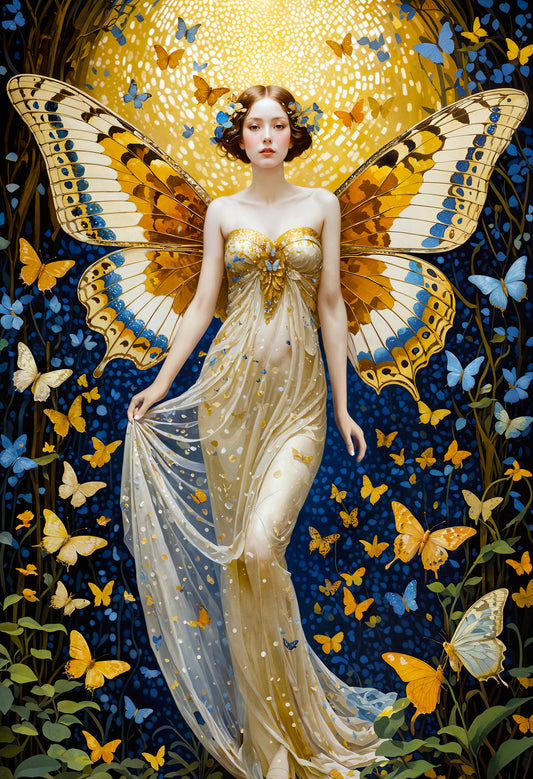 A fantasy painting of a woman with butterfly wings in a white dress.