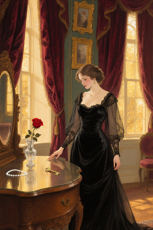 Woman in a black dress standing in a room with red curtains and a mirror.