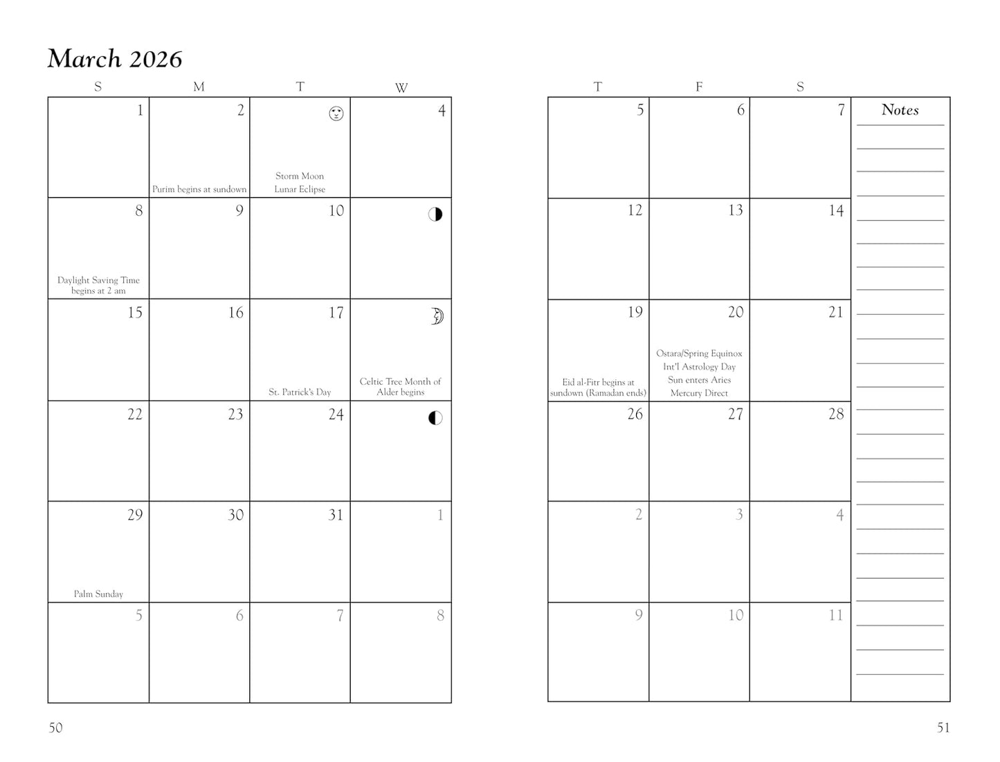 Calendar for March 2026 with notes section on a white background