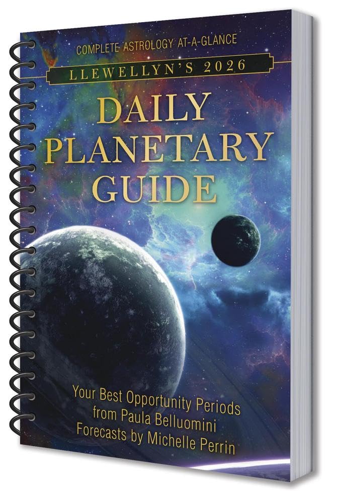 Book titled 'Llewellyn's 2026 Daily Planetary Guide' with celestial design on cover