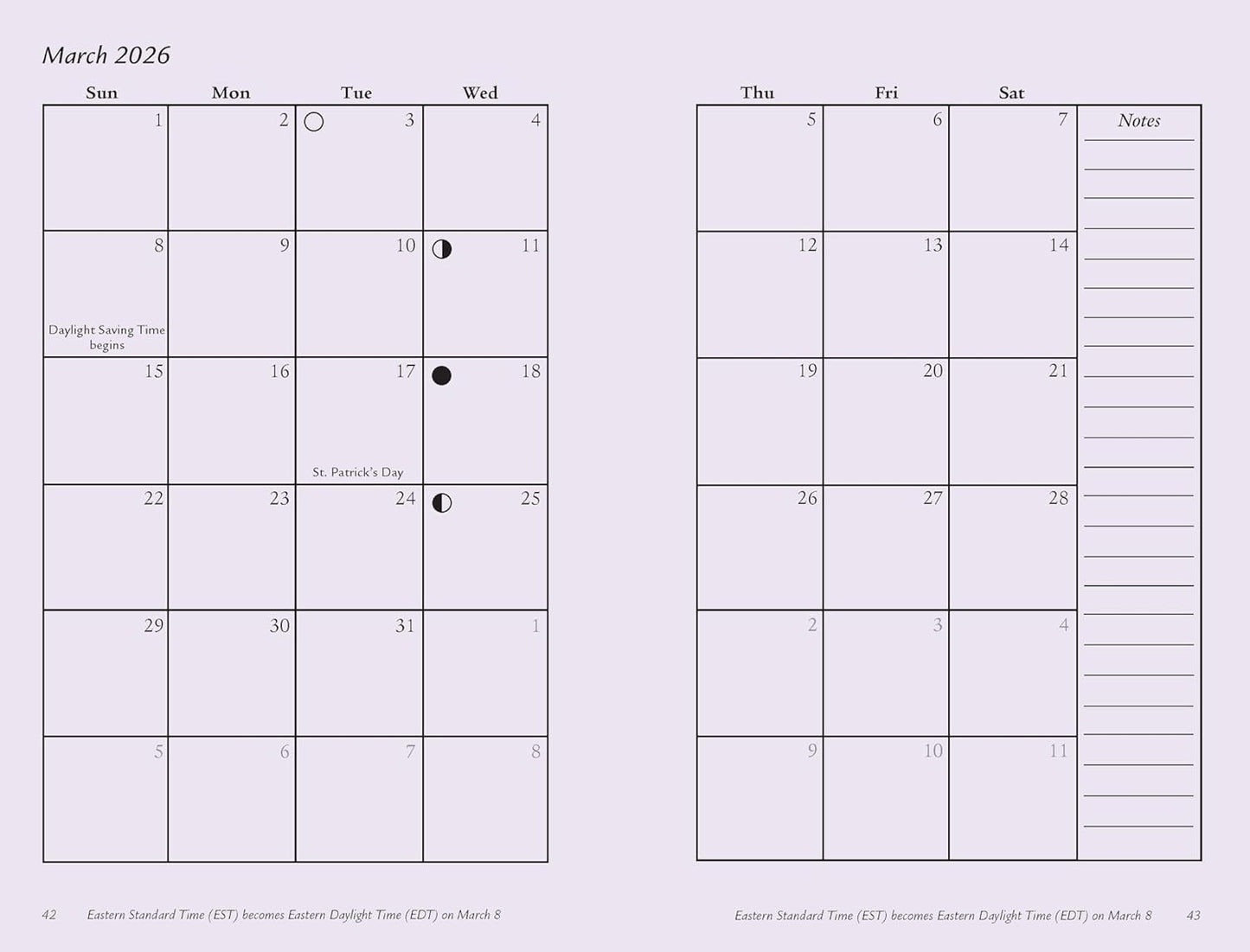Calendar for March 2026 with celestial events and notes section.
