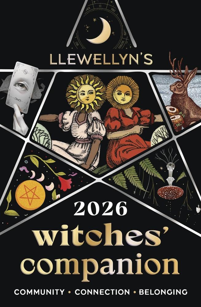 Cover of Llewellyn's 2026 Witches' Companion with various symbols and text on a black background.