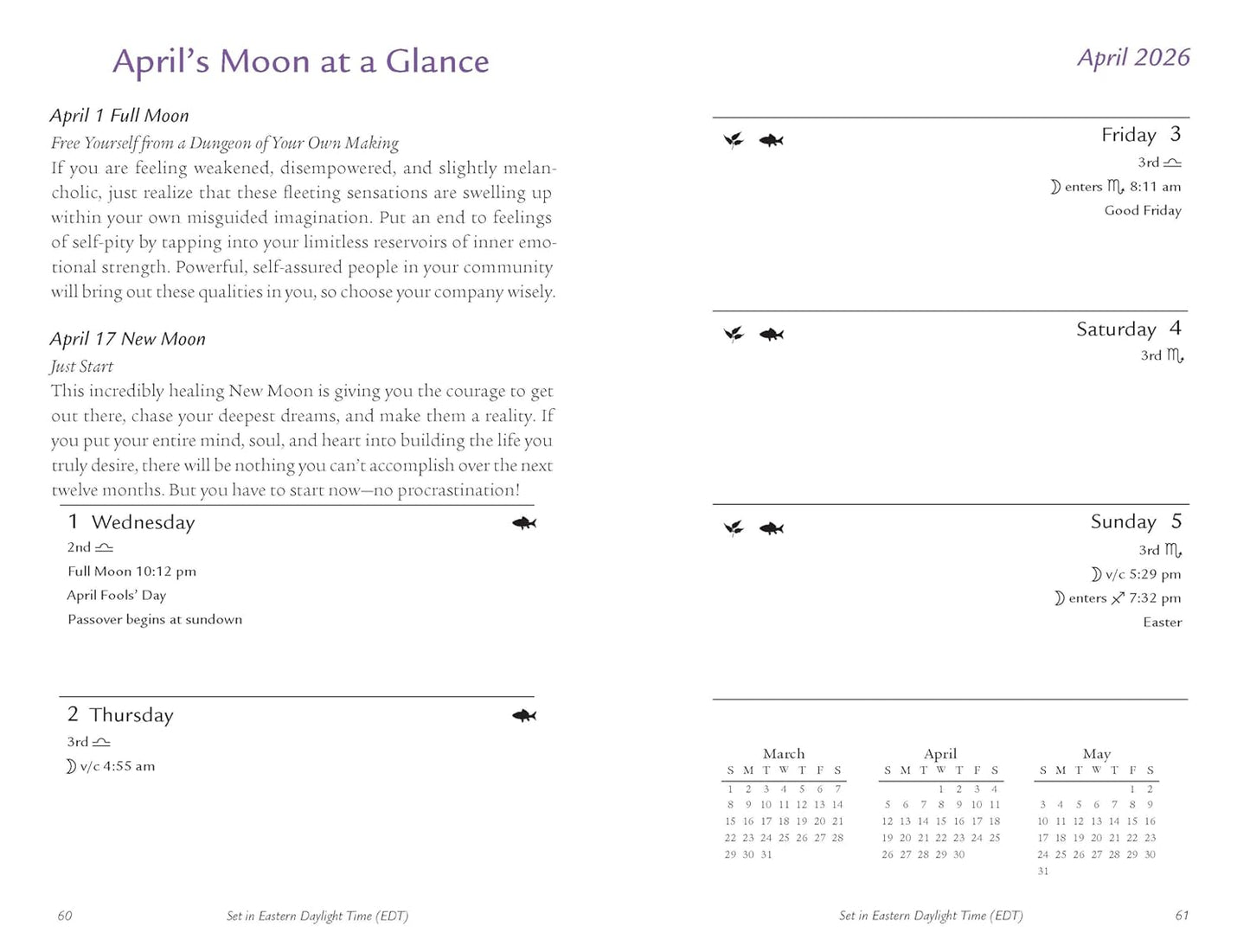Page from a book or magazine with text and a calendar for April 2026, featuring astrological information.