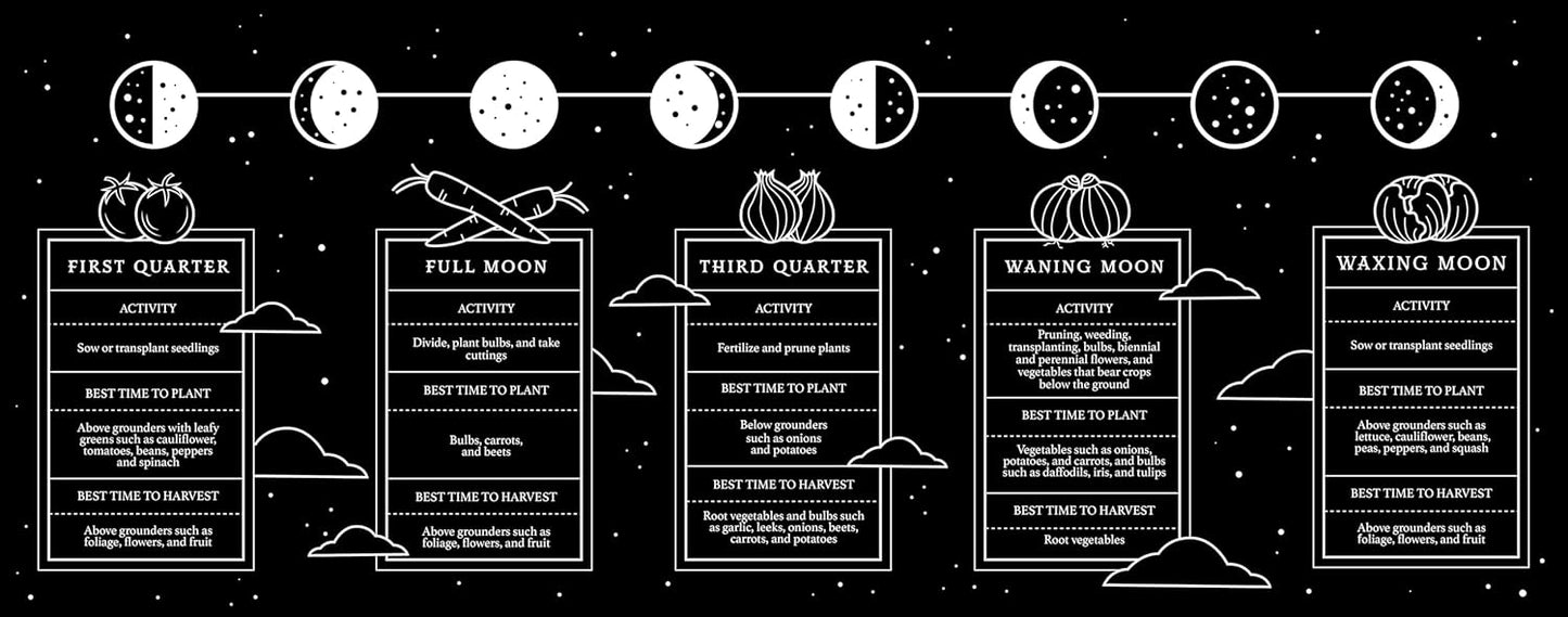 Diagram of lunar phases with corresponding gardening advice on a black background