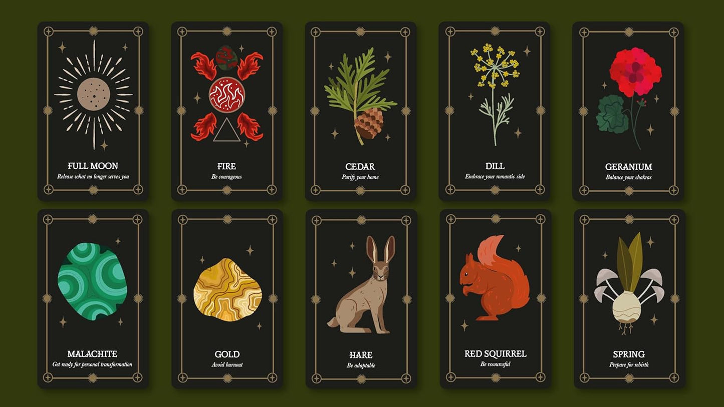 Set of tarot cards with various symbols and names on a dark background