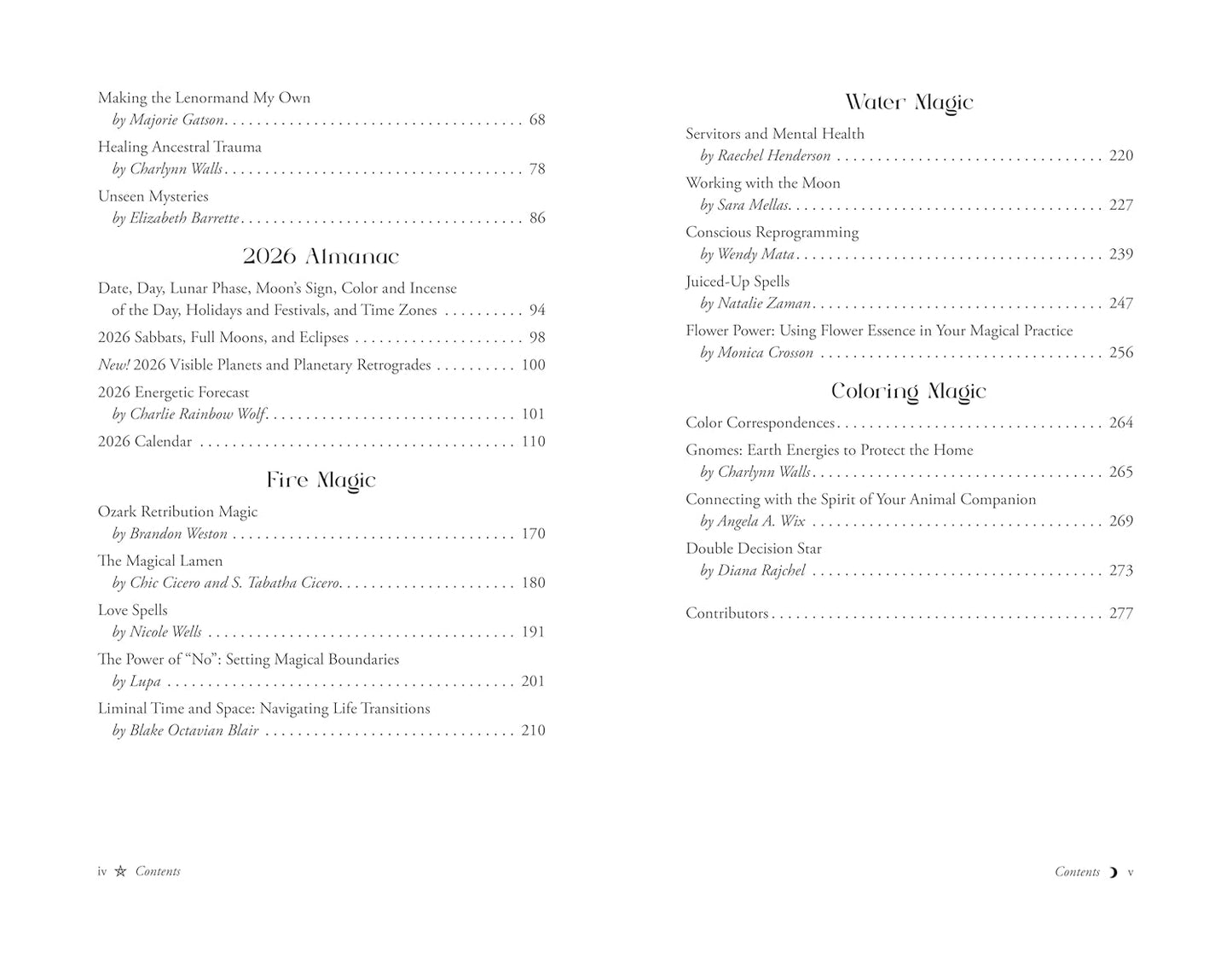 Table of contents for a book on magic, with chapter titles and page numbers.