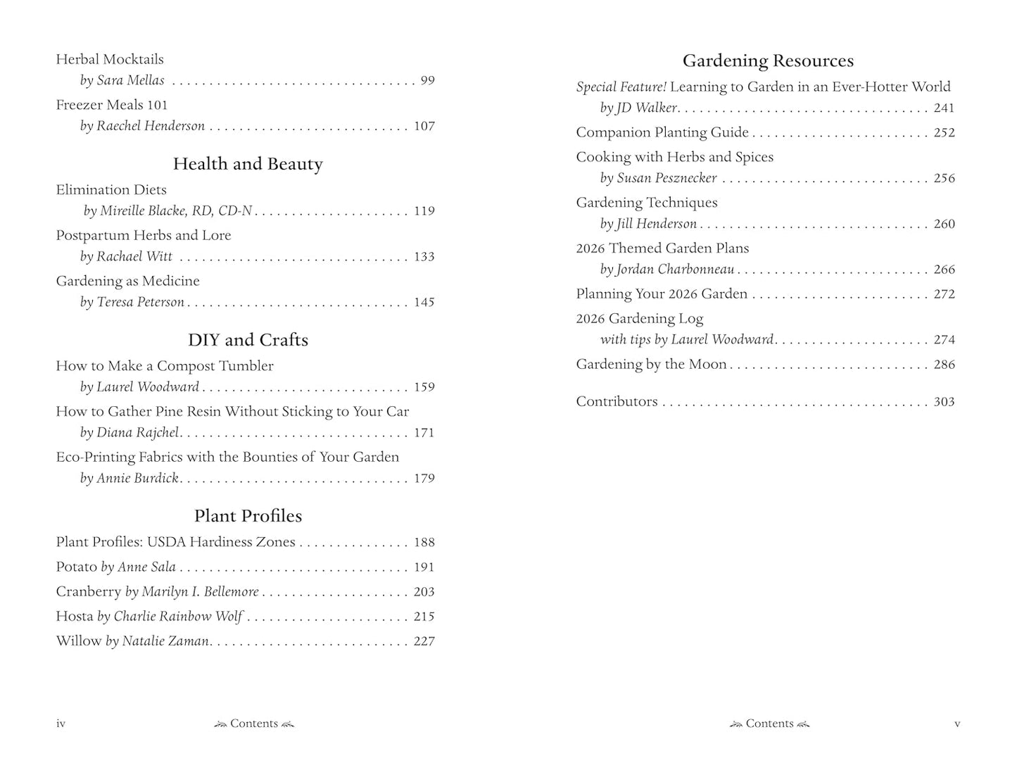 Table of contents page for a gardening book with various topics listed.