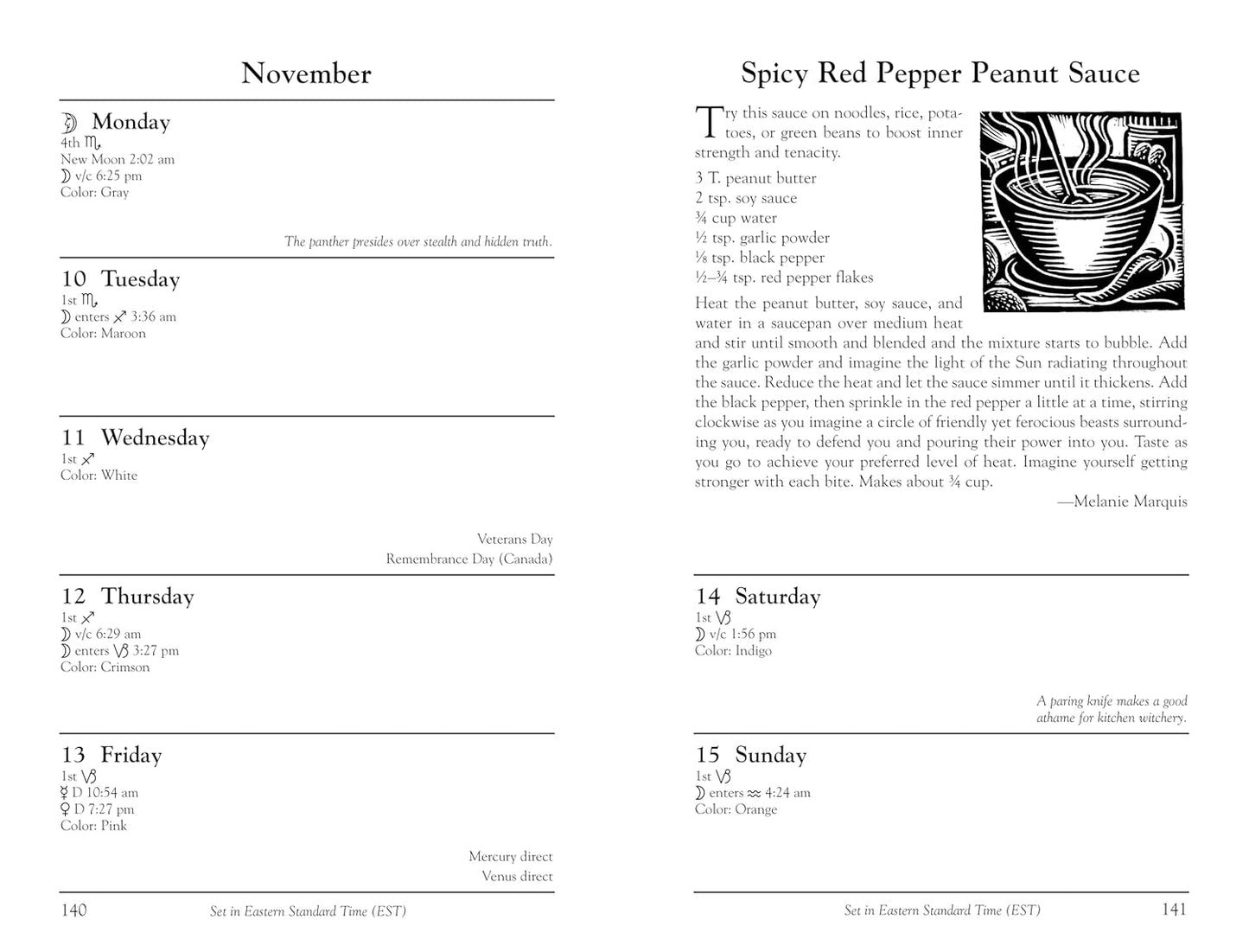 Page from a cookbook or recipe book with a recipe for Spicy Red Pepper Peanut Sauce and a calendar for November.