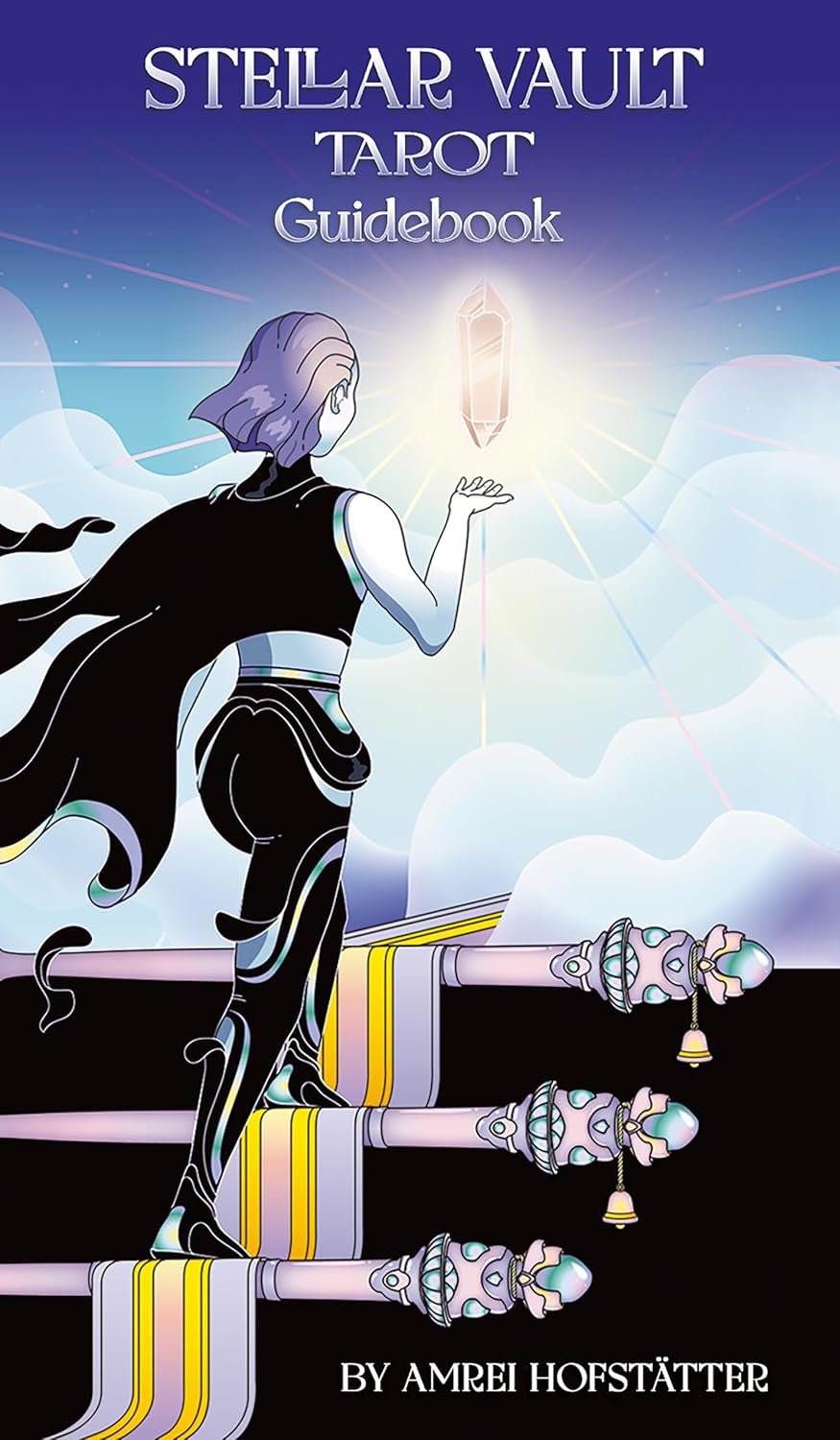 Cover of 'Stellar Vault Tarot Guidebook' with a stylized woman holding a crystal ball against a blue sky.