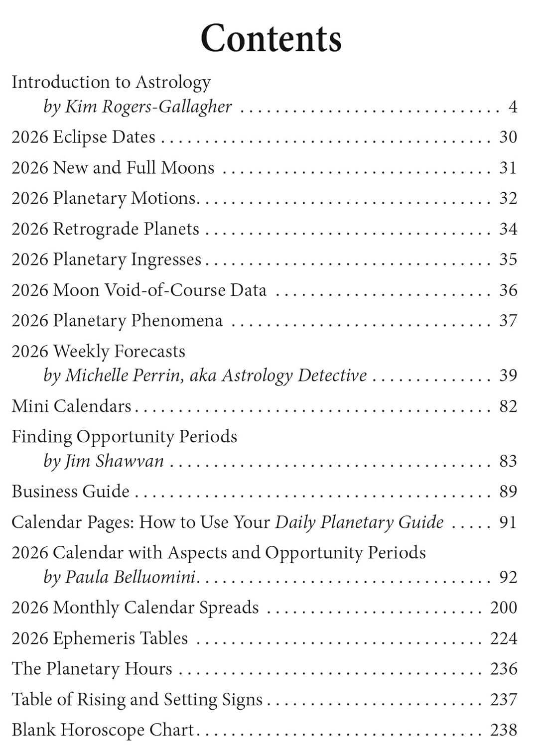 Table of contents for a book on astrology with chapter titles and page numbers.