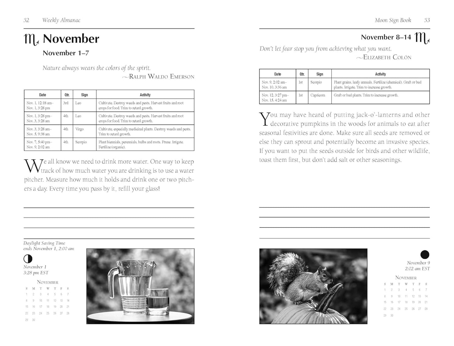 Page from a weekly planner or journal with text, images of a glass of water and a squirrel, and a calendar layout.