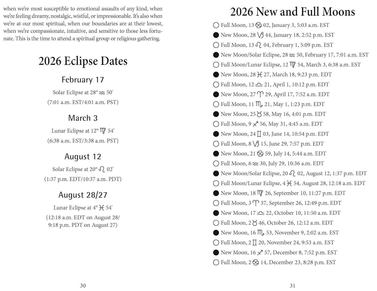 2026 New and Full Moons calendar with eclipse dates on a white background