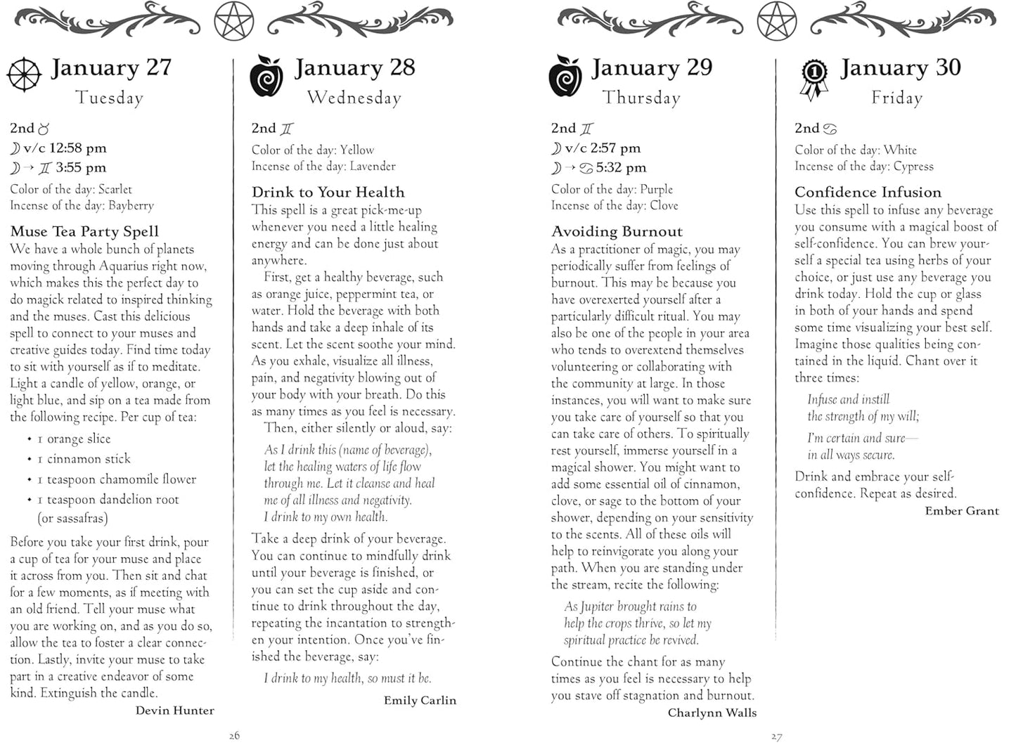 Witchcraft calendar page with rituals and spells for January 27-30 on a white background.