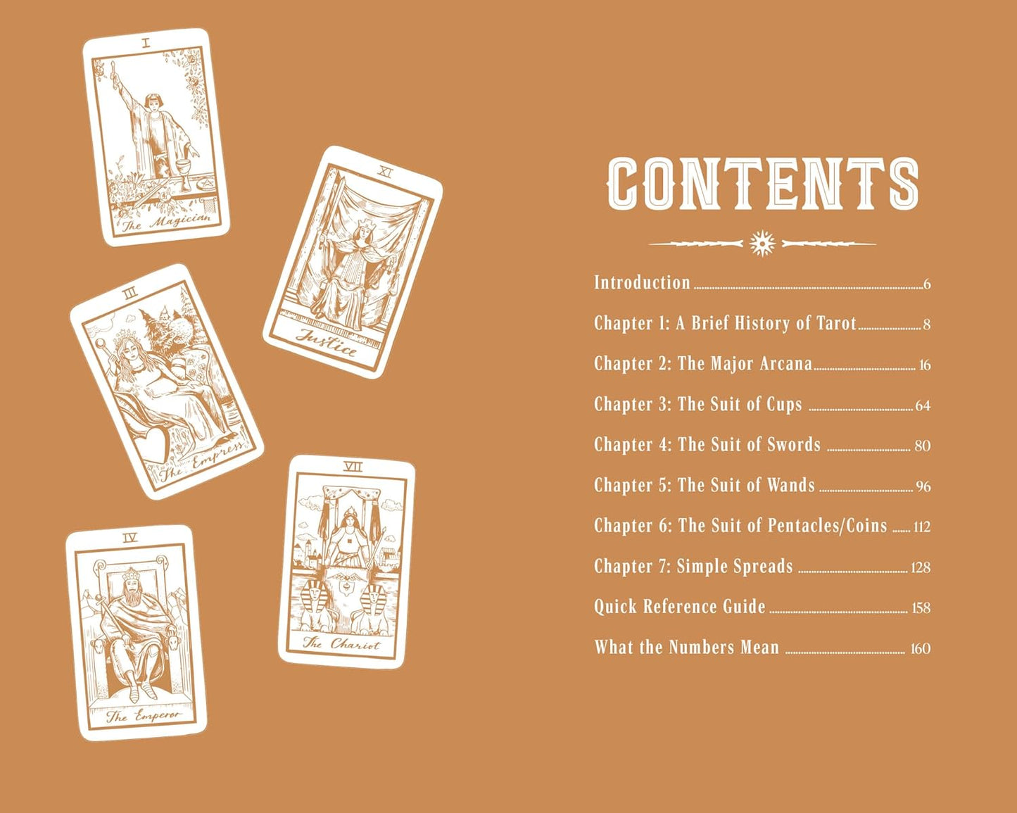 Contents page of a tarot book with illustrated tarot cards on a brown background
