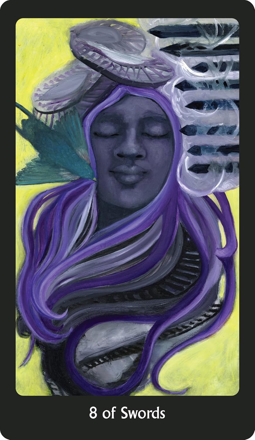 Tarot card featuring a person with purple hair and '8 of Swords' text on a yellow background
