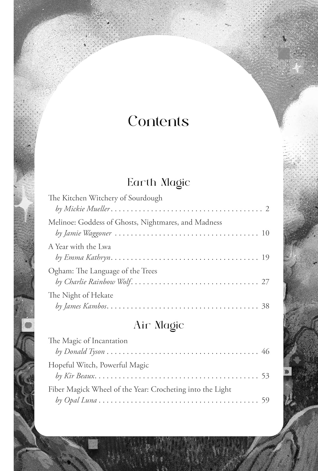 Table of contents for a book on magic with black and white illustrations.