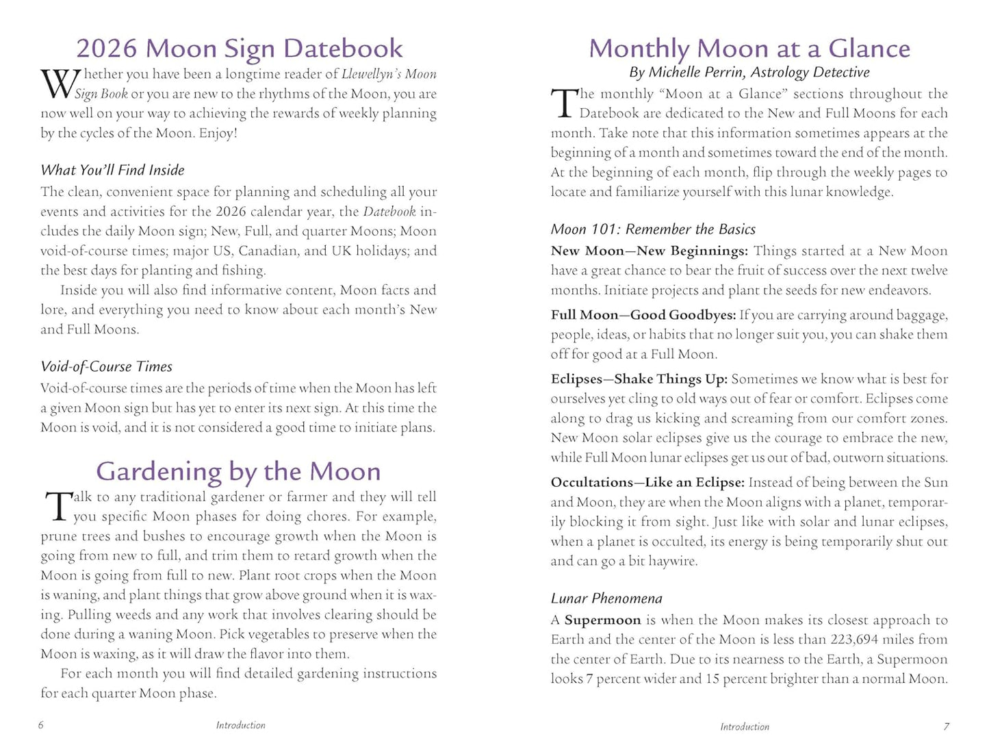 Moon sign datebook with text on monthly moon cycles and gardening by the moon.