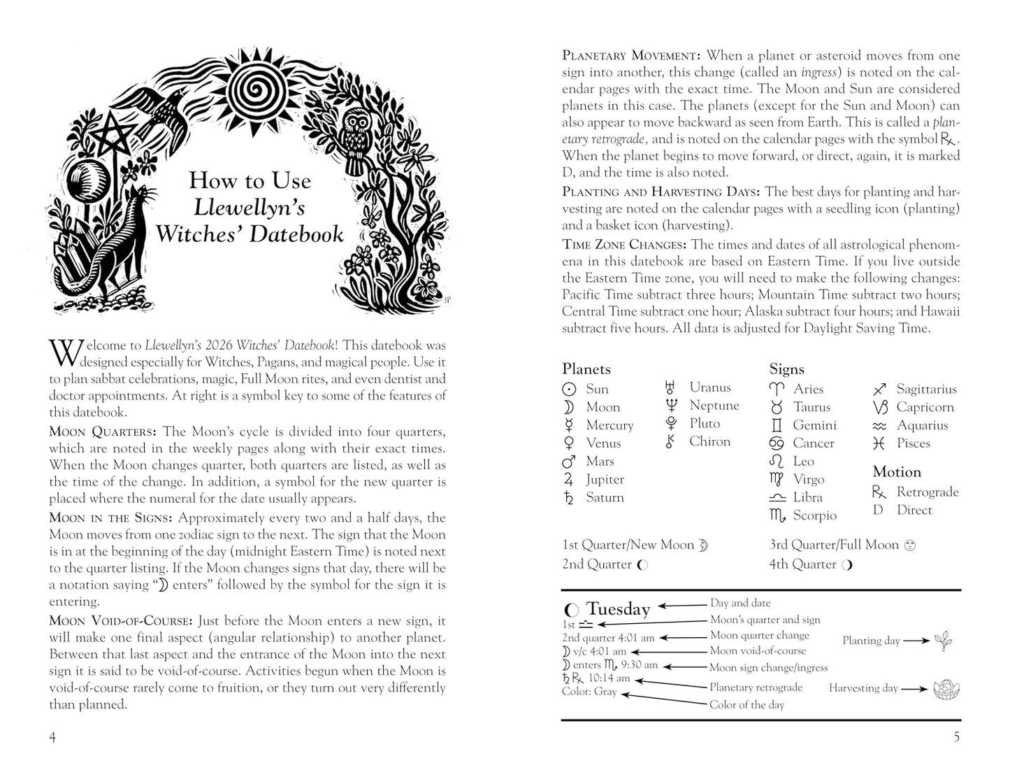 Witch's Datebook with astrological symbols and text on a white background