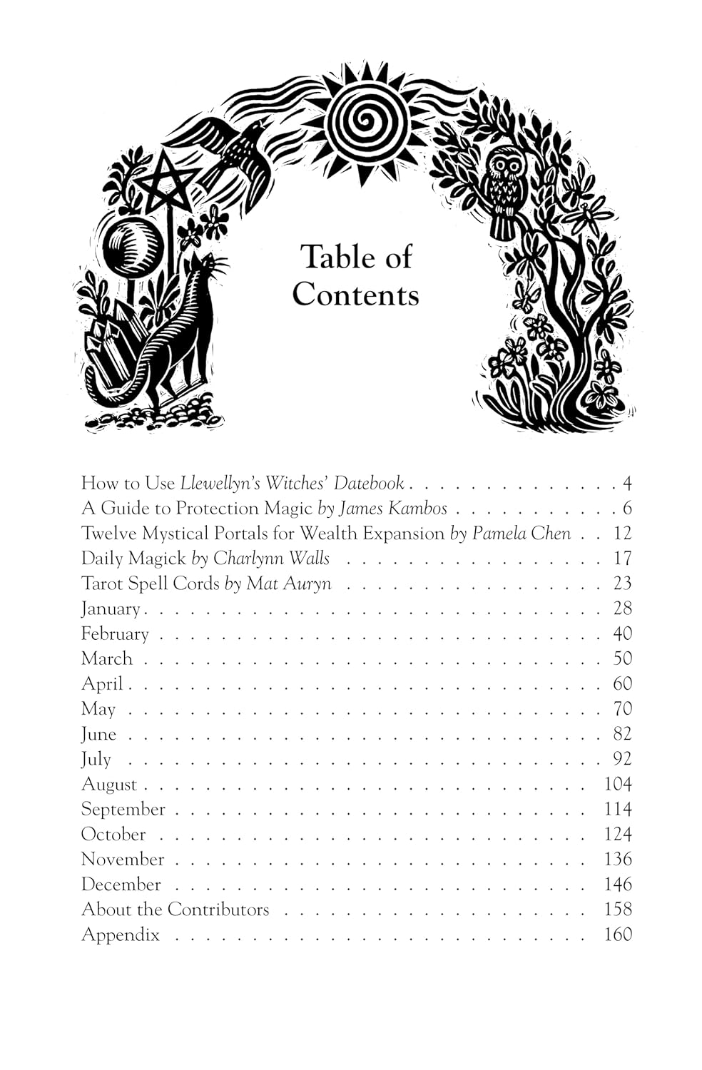 Table of contents page with decorative design and text on a white background