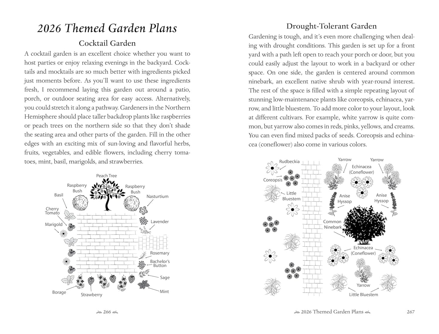 Garden plan book with labeled plants and layout on a white background