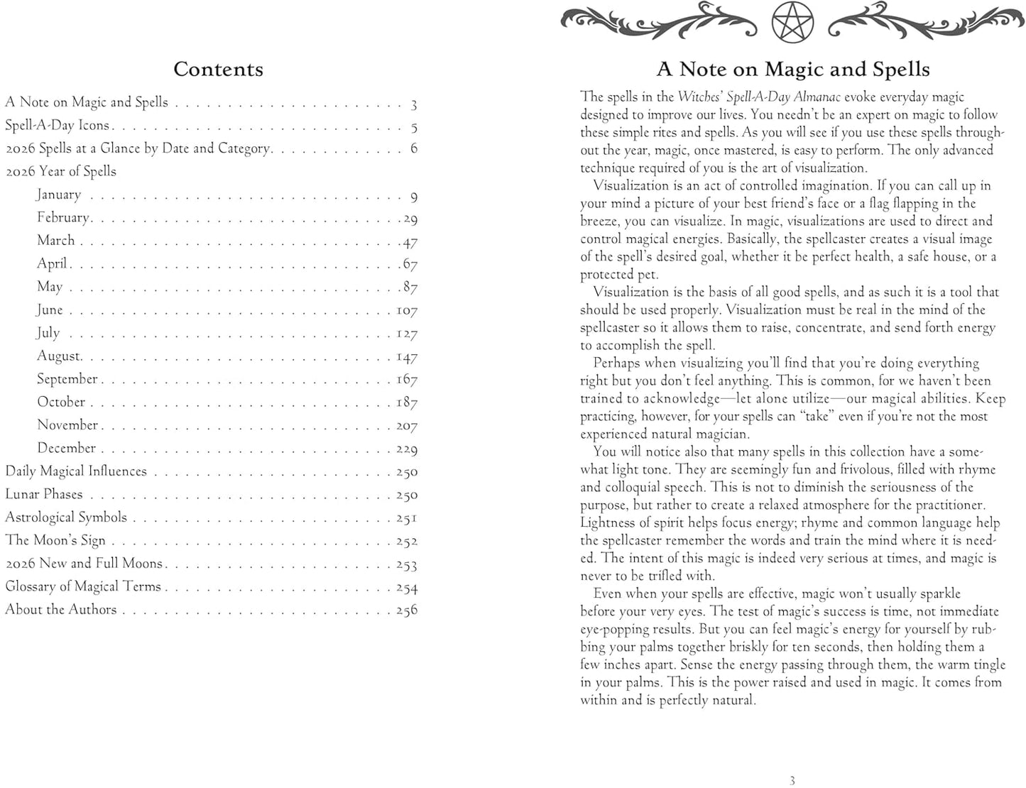 Table of contents for a book on magic and spells with black text on a white background.
