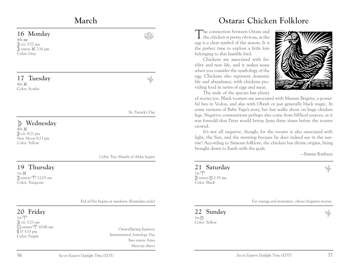Page from a calendar with Ostara: Chicken Folklore text and illustrations on March 16-22.