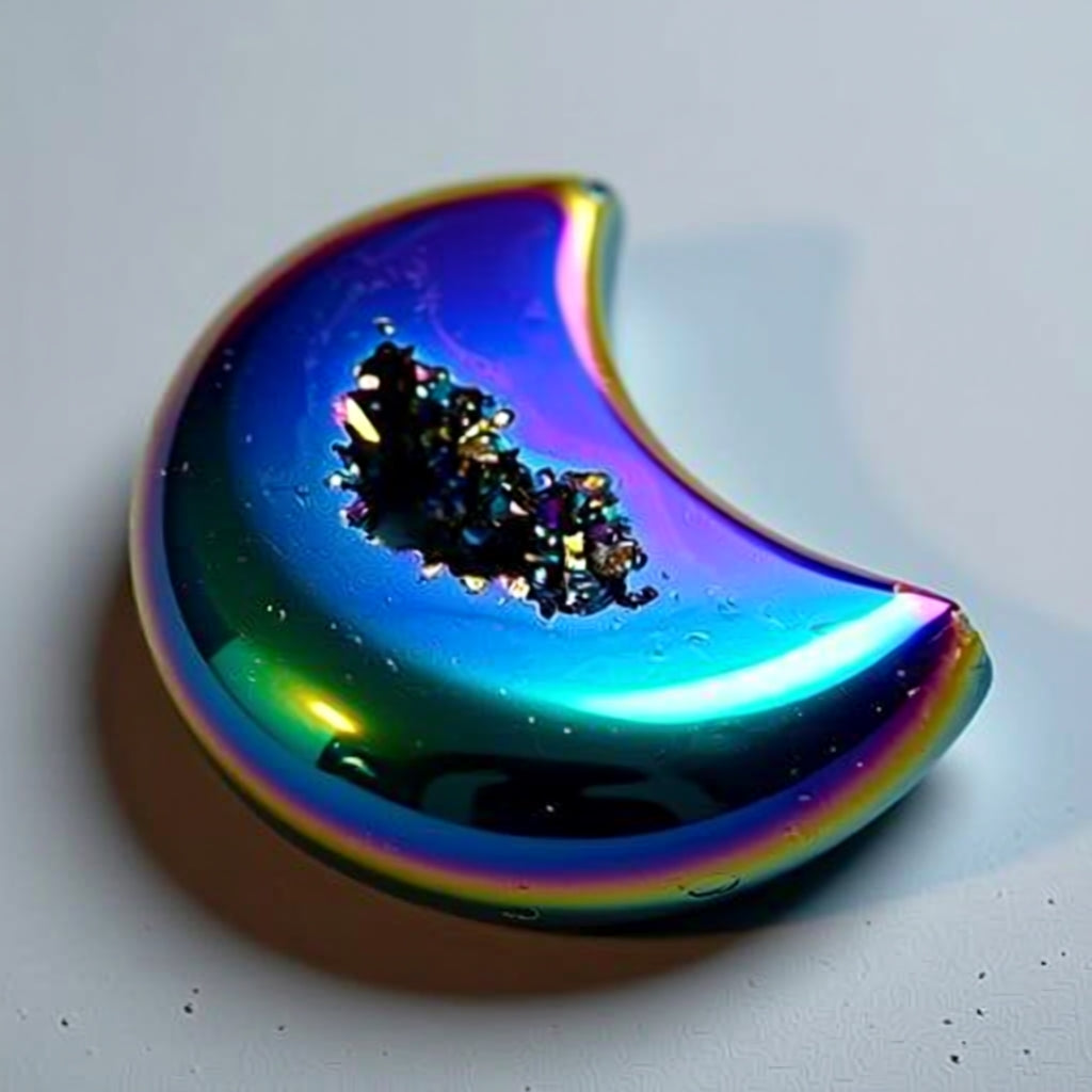 Multicolored crescent moon-shaped object with a central gemstone on a white background