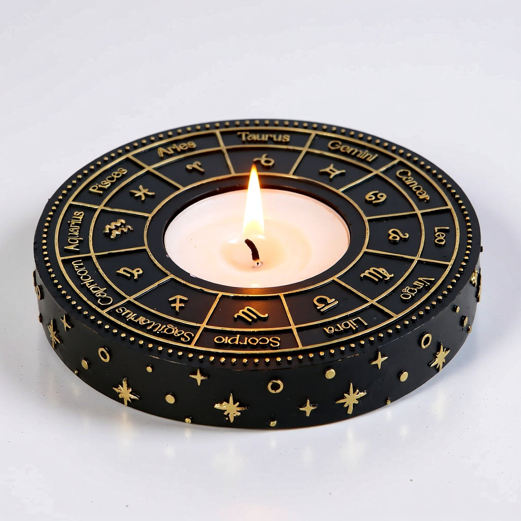 Decorative candle holder with zodiac symbols on a white background