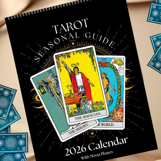 Illustrated cover of the 2026 Tarot Calendar featuring multicolor floral and geometric designs.