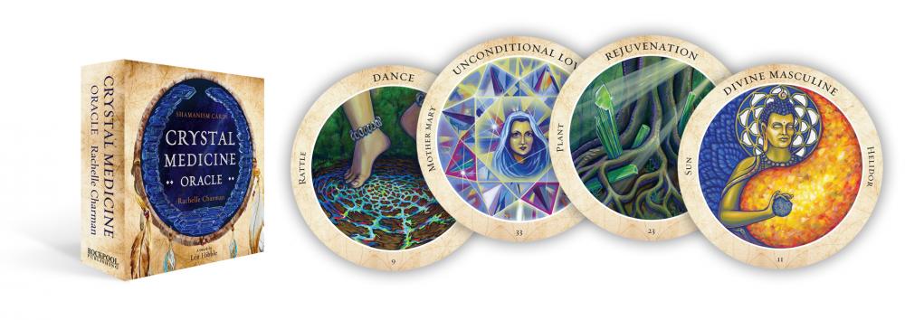 Set of crystal medicine oracle cards with colorful designs and text.