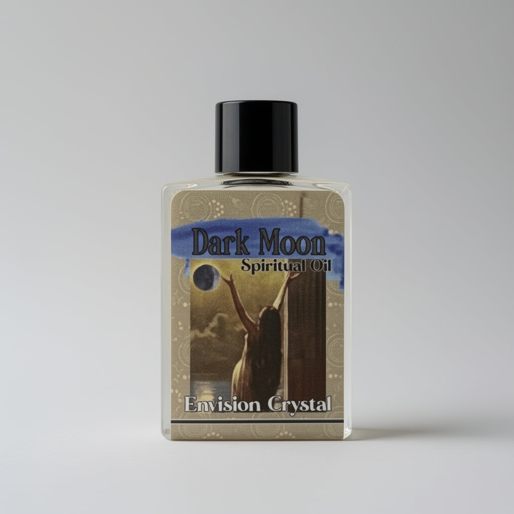 Bottle of Dark Moon Spiritual Oil with a label featuring an image of a person and a moon.