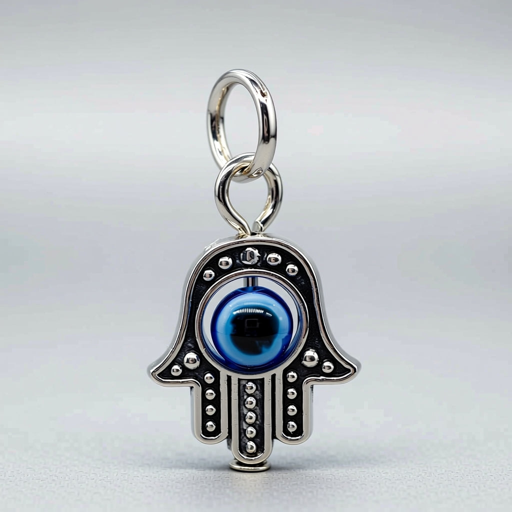 Silver Hamsa hand charm with a blue eye on a light gray background