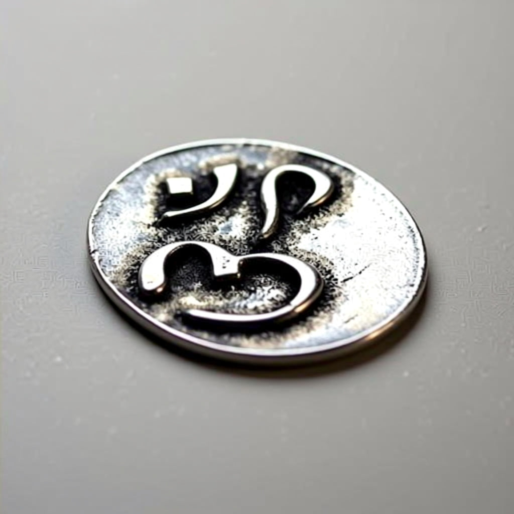 Silver circular object with engraved design on a gray background