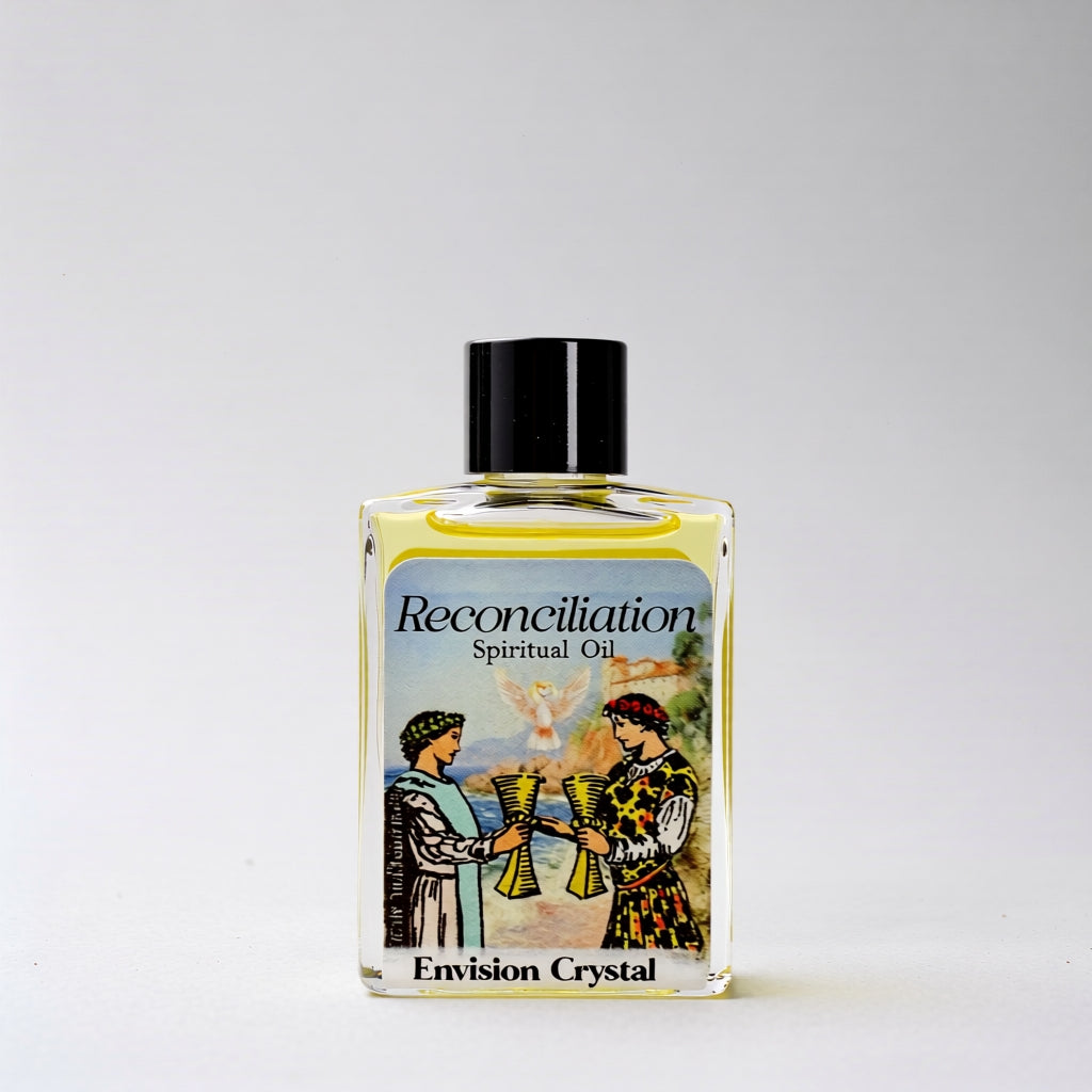 Bottle of Reconciliation Spiritual Oil with a colorful label on a white background