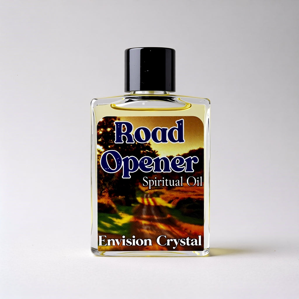 Bottle of 'Road Opener' spiritual oil with a scenic label on a white background