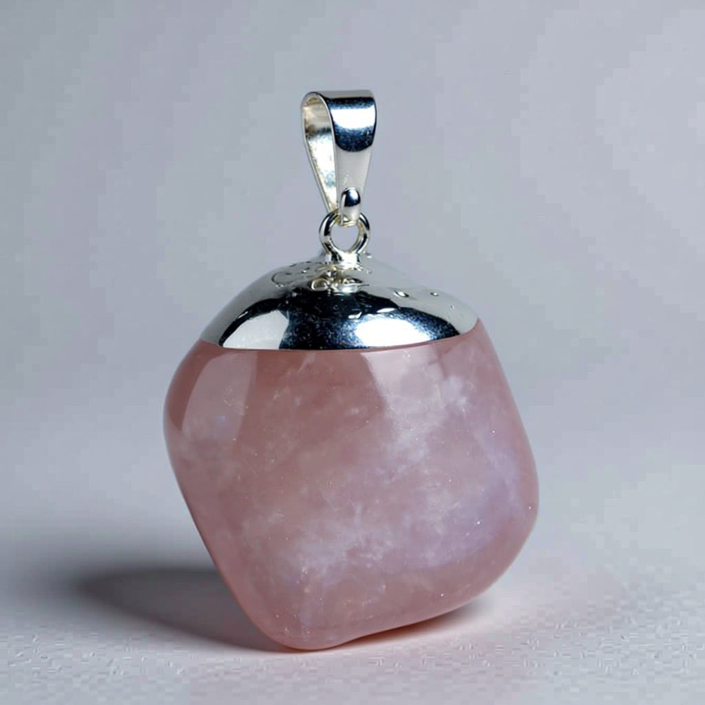Pink stone pendant with silver top on a gray background