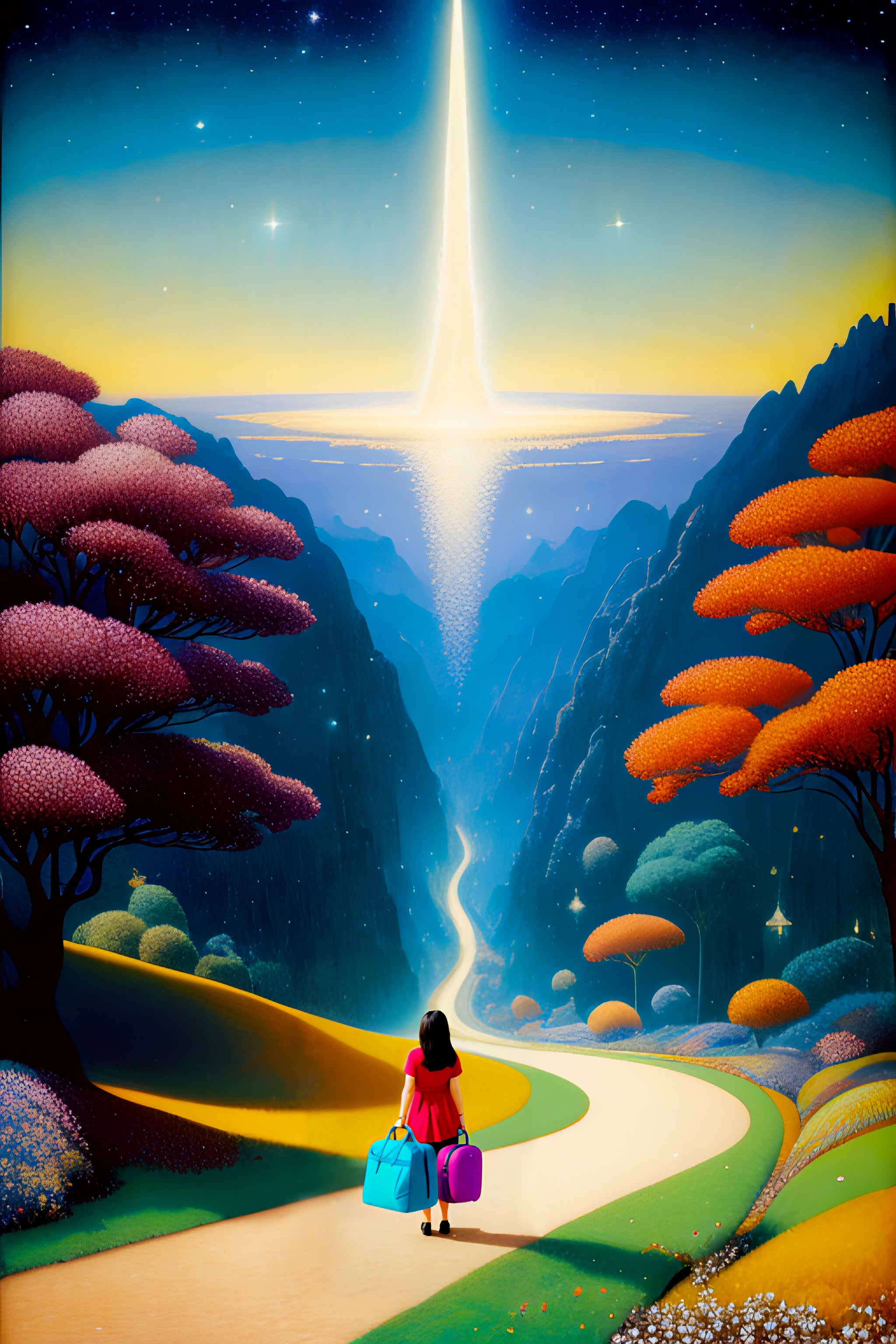 A woman in a red dress holding her belongings, about to begin a journey.