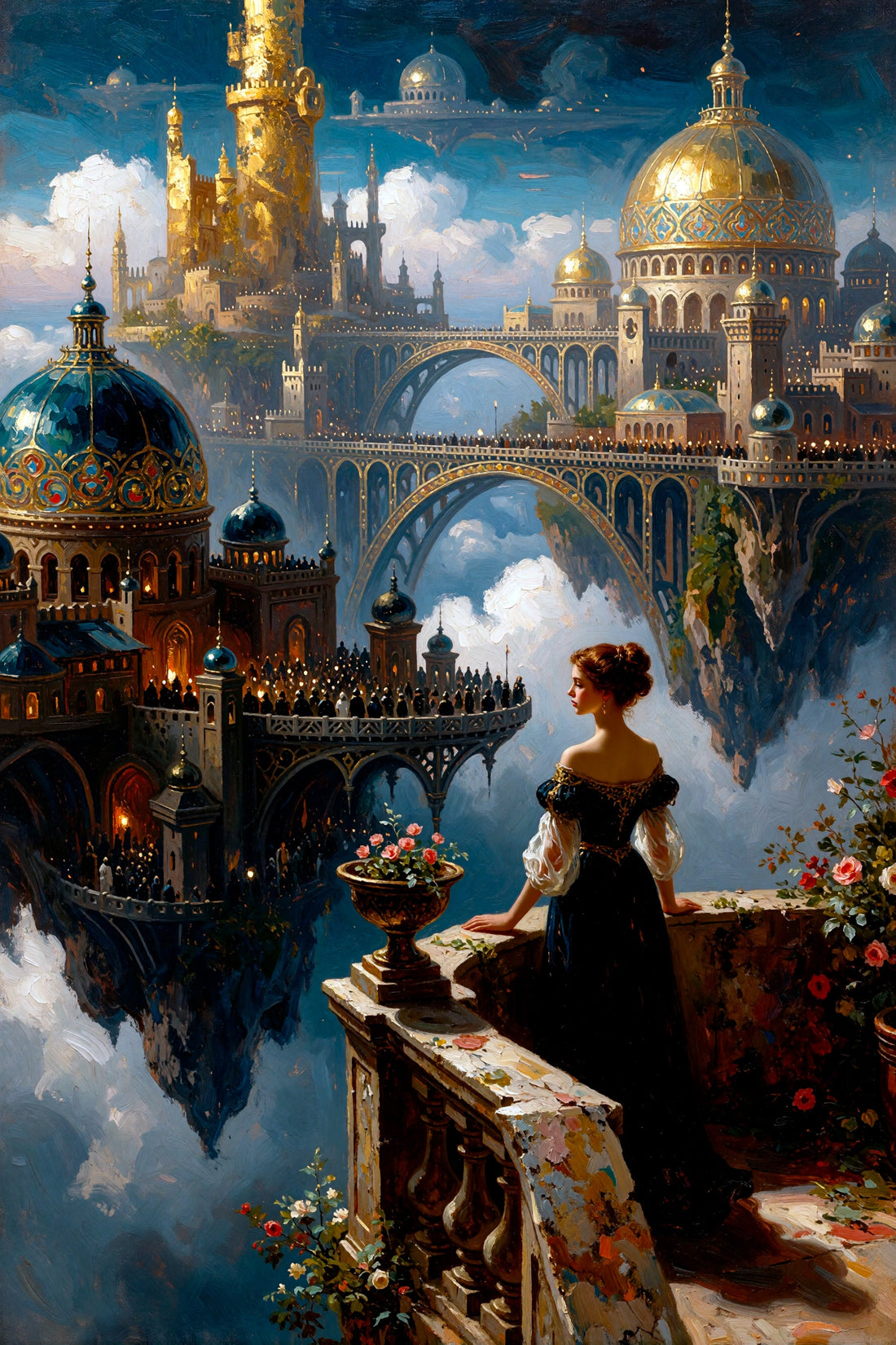 Fantasy cityscape artwork showing ornate domed and arched buildings floating in clouds, with a woman in a dark dress standing on a balcony in the foreground and flowers in the foreground and midground.