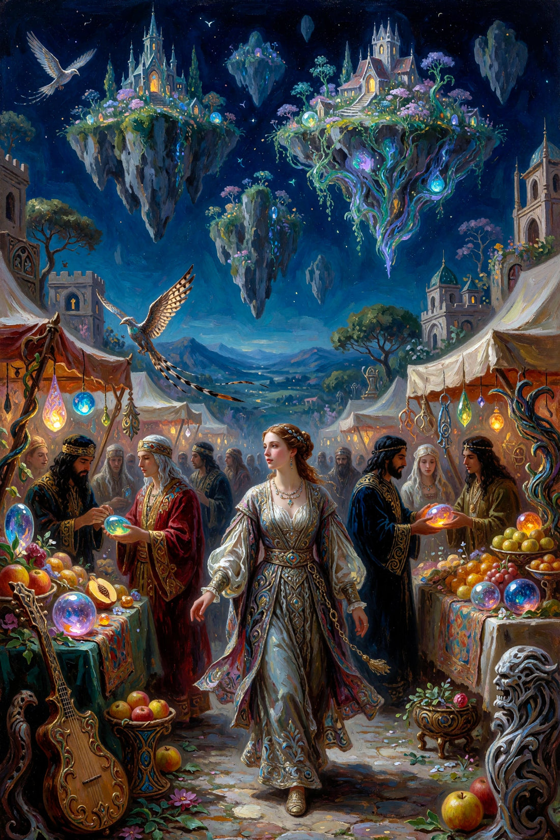Fantasy artwork depicting a woman walking through a bustling market street under a night sky filled with floating islands and castles. People gather around glowing crystal and fruit stalls, with whimsical architecture and birds throughout the scene.