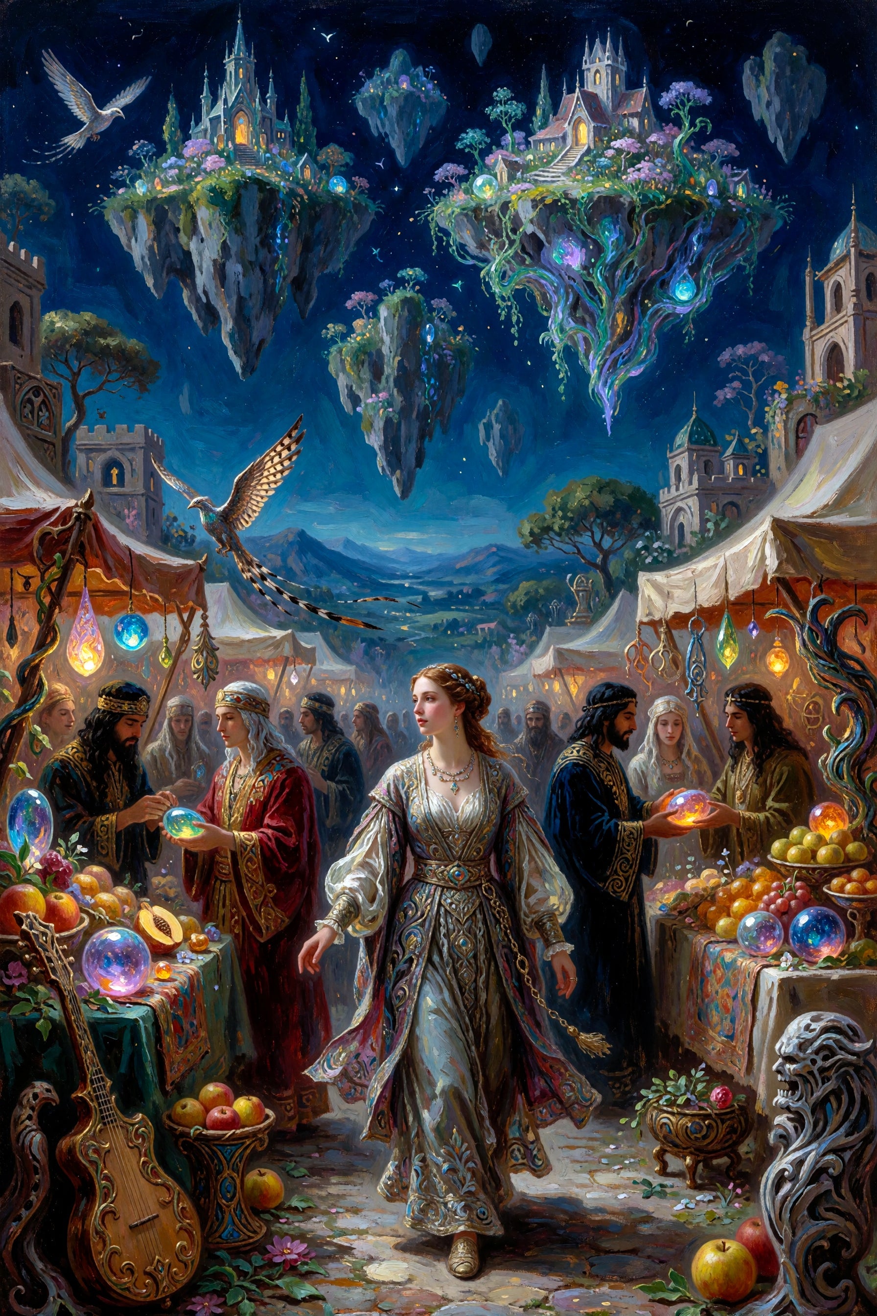 Fantasy artwork depicting a woman walking through a bustling market street under a night sky filled with floating islands and castles. People gather around glowing crystal and fruit stalls, with whimsical architecture and birds throughout the scene.