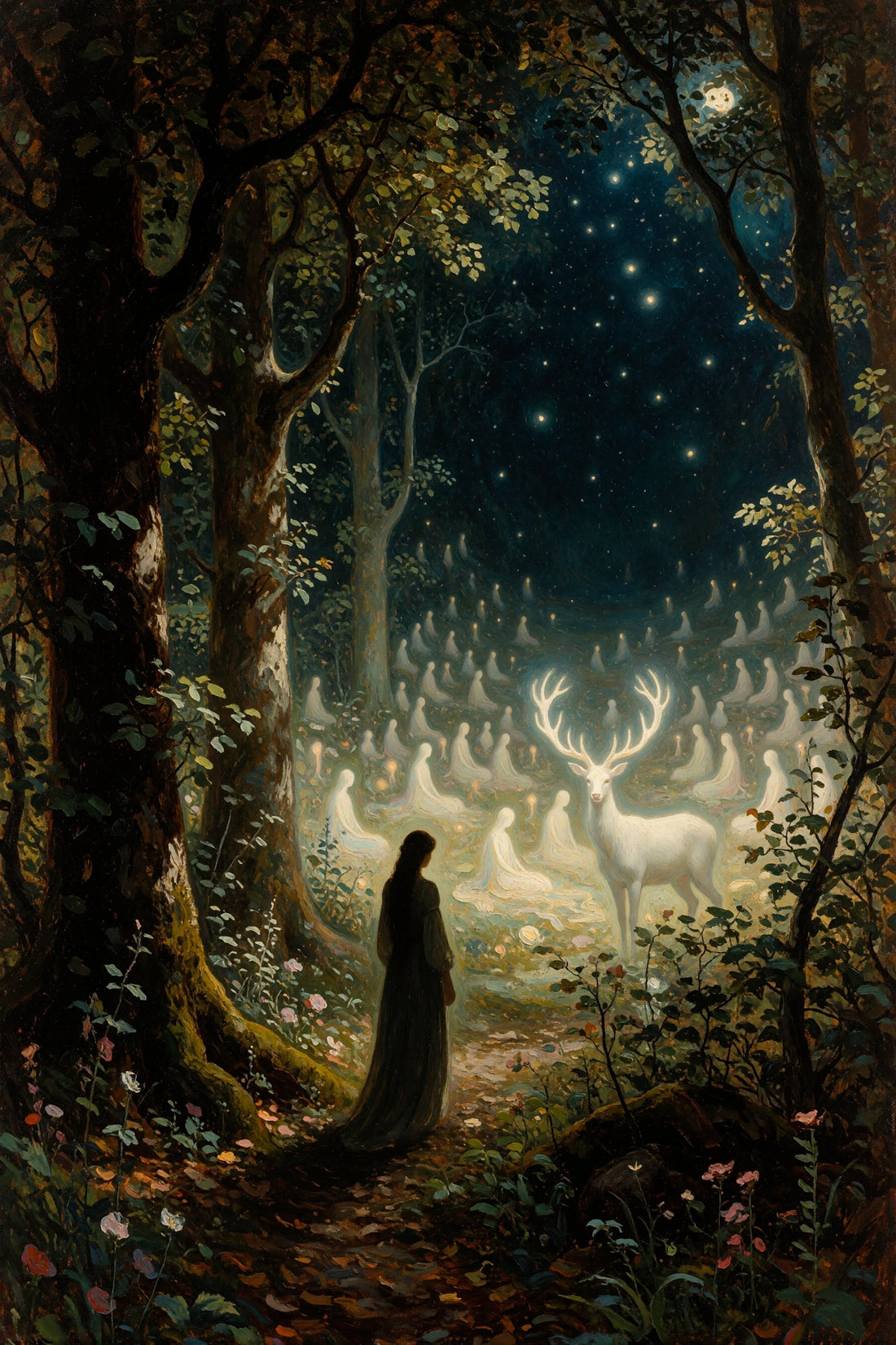 A mystical forest night scene with a lone dark-robed figure standing on a path, facing a glowing white stag and many pale figures in a starry woodland clearing.