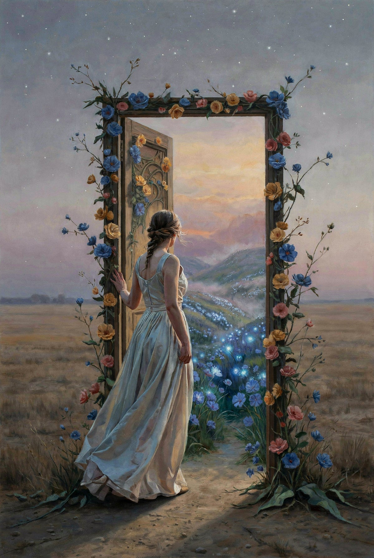 Woman in a white dress standing in a field with a floral frame around her, looking into a door.